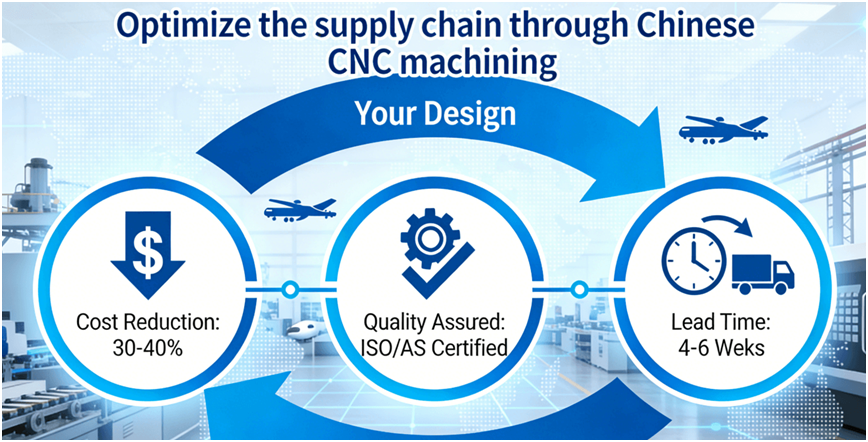 A flowchart infographic illustrating the three core advantages of sourcing CNC machining from China: significant cost reduction, assured quality with international certifications, and compressed lead times for faster delivery.