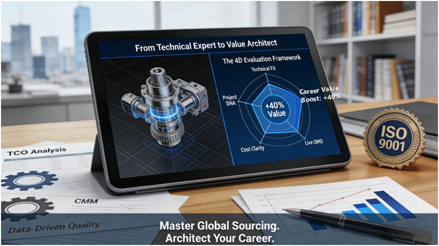 A tablet on a modern desk displays a 3D CAD model overlaid with a four-dimensional radar chart evaluating Technical Fit, Live QMS, Cost Clarity, and Project DNA, next to a CMM report and cost analysis sheet, visualizing the techno-commercial skills that boost an engineer's career value by 40%.